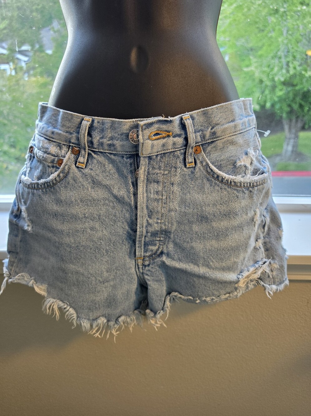 Agolde Light Blue Denim Shorts with Yellow Stitching
